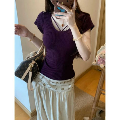 Scoop-Neck Ribbed Cotton Tee with Short Sleeves