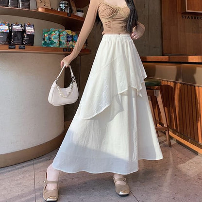 Elastic Waist Plain Asymmetrical Ruffle Maxi A-Line Skirt