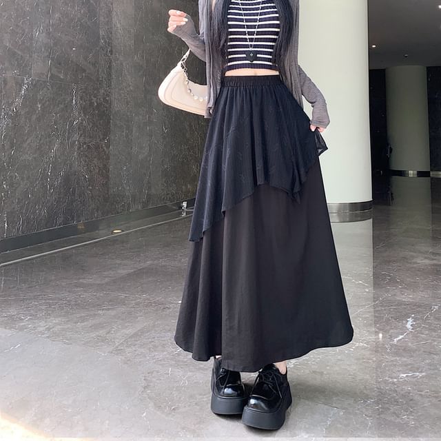 Elastic Waist Plain Asymmetrical Ruffle Maxi A-Line Skirt