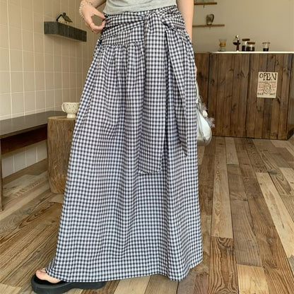 Mock-Neck Ruched Tank with High-Waist Plaid A-Line Maxi Skirt