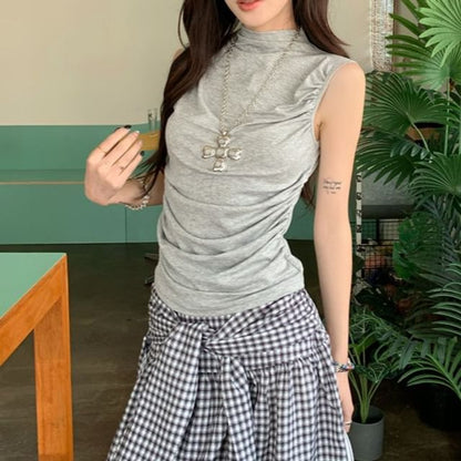Mock-Neck Ruched Tank with High-Waist Plaid A-Line Maxi Skirt