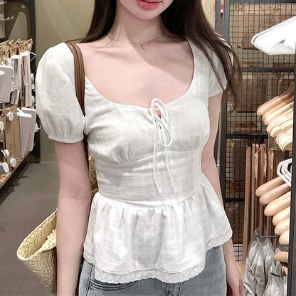 Puff-Sleeve Scoop Neck Plaid Lace Trim Peplum Blouse