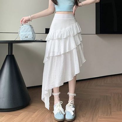 High Waist Leopard Print Ruffle Asymmetrical Maxi A-Line Skirt