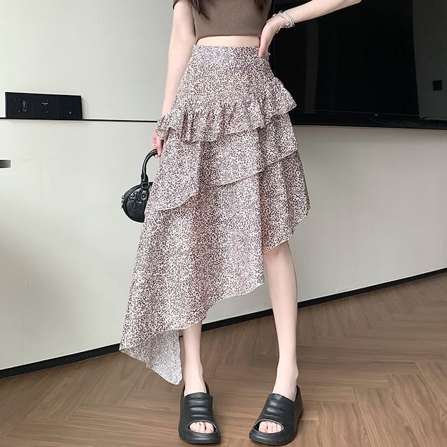 High Waist Leopard Print Ruffle Asymmetrical Maxi A-Line Skirt