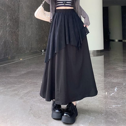 Elastic Waist Plain Asymmetrical Ruffle Maxi A-Line Skirt