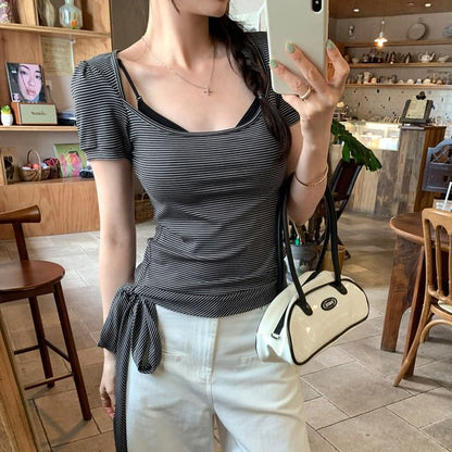 Short-Sleeve Scoop Neck Striped Tie-Waist T-Shirt