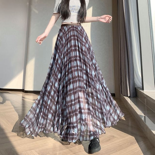 Mid Rise Plaid Maxi A-Line Skirt