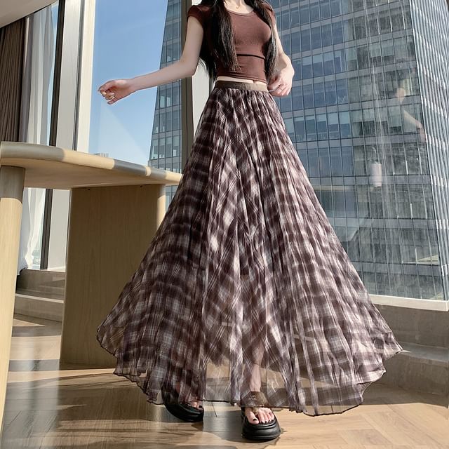 Mid Rise Plaid Maxi A-Line Skirt
