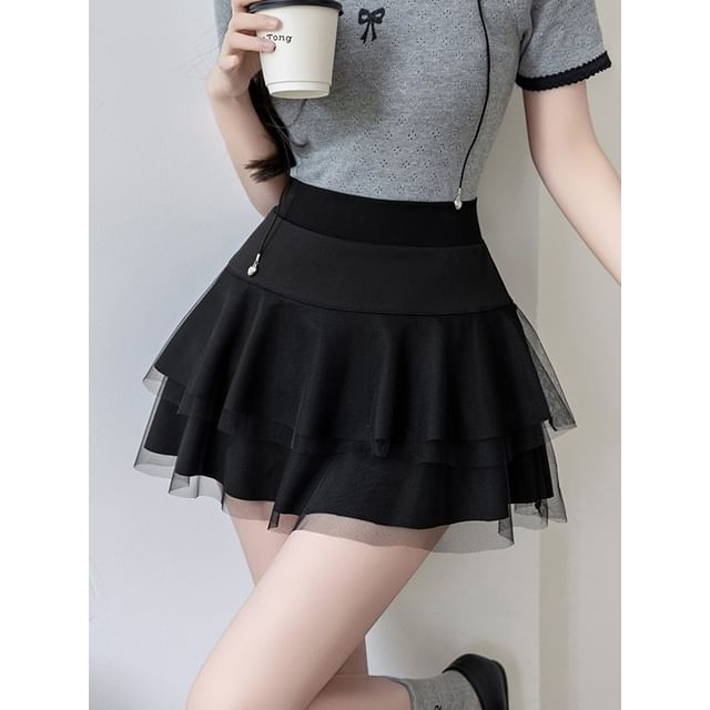 High Waist Plain Sheer Panel Mini A-Line Skirt