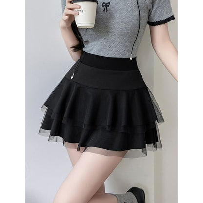 High Waist Plain Sheer Panel Mini A-Line Skirt
