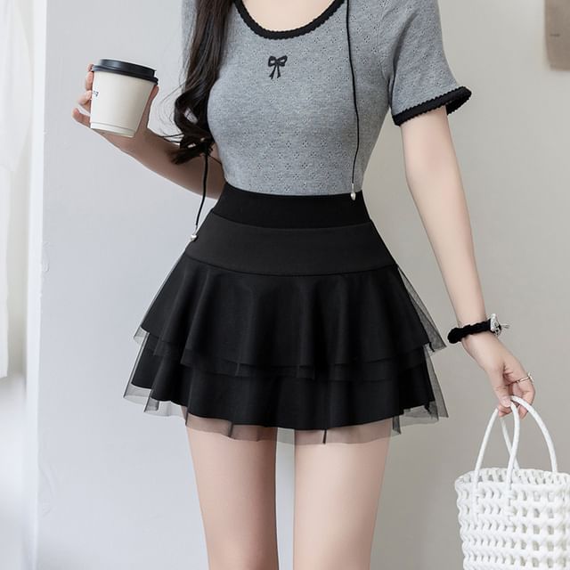 High Waist Plain Sheer Panel Mini A-Line Skirt