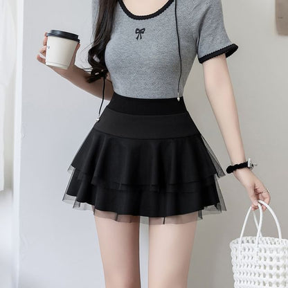 High Waist Plain Sheer Panel Mini A-Line Skirt