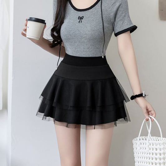 High Waist Plain Sheer Panel Mini A-Line Skirt