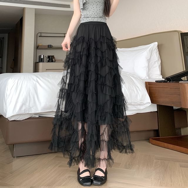 Mid Rise Plain Tiered Maxi A-Line Skirt