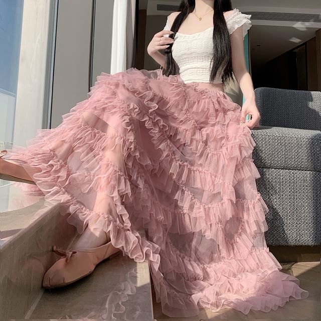Mid Rise Plain Tiered Maxi A-Line Skirt