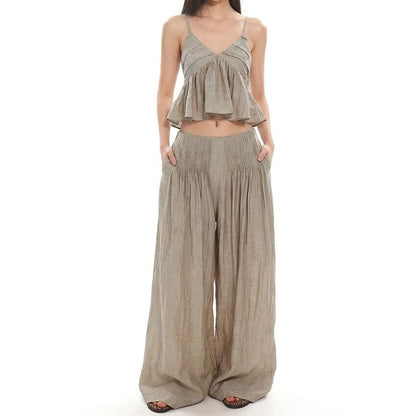 Flowy V-Neck Crop Camisole Paired with Pintuck Wide-Leg Trousers