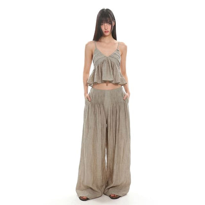 Flowy V-Neck Crop Camisole Paired with Pintuck Wide-Leg Trousers