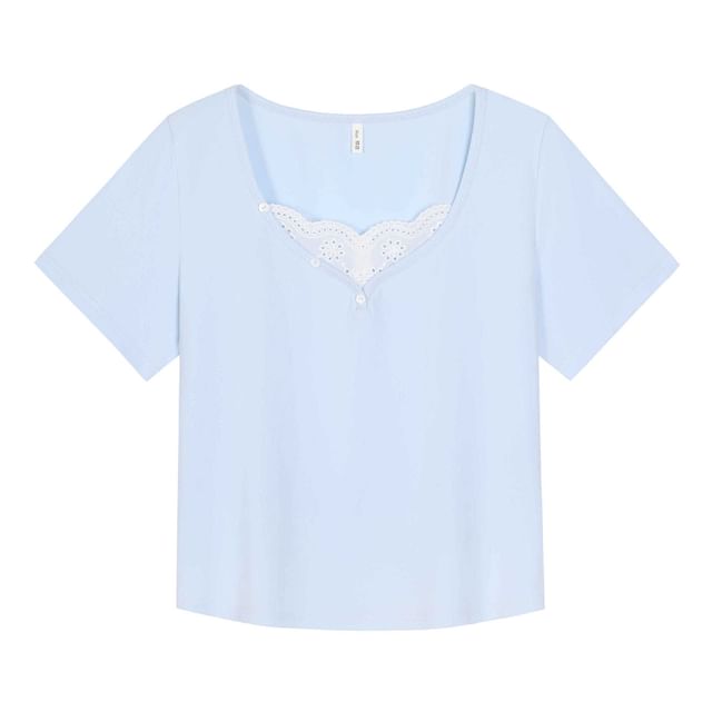 Lace-Trimmed V-Neck Short-Sleeve Blouse
