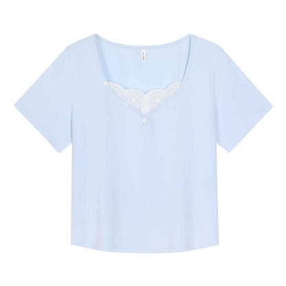 Lace-Trimmed V-Neck Short-Sleeve Blouse