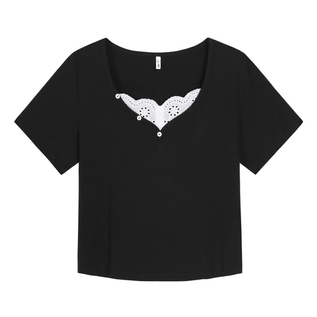 Lace-Trimmed V-Neck Short-Sleeve Blouse