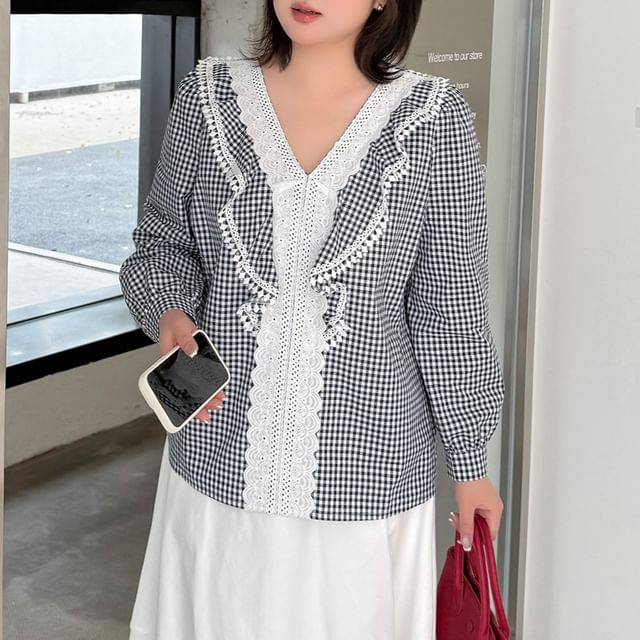 Lace Panel Plaid V-Neck Blouse