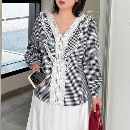 Lace Panel Plaid V-Neck Blouse
