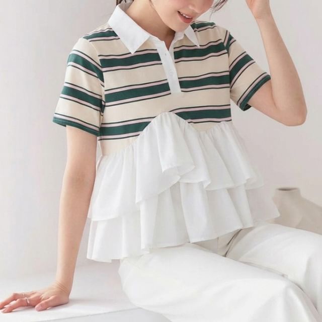 Striped Ruffle Polo Shirt