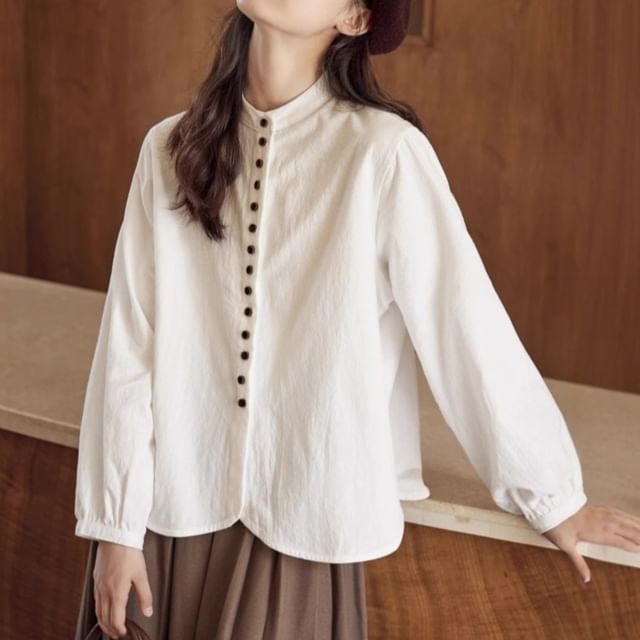 Band Collar Button Blouse