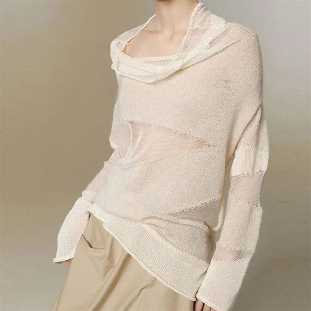 Cowl Neck Sheer Knit Long Sleeve
