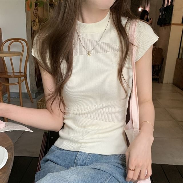 Mock Neck Ribbed Cap Sleeve Top