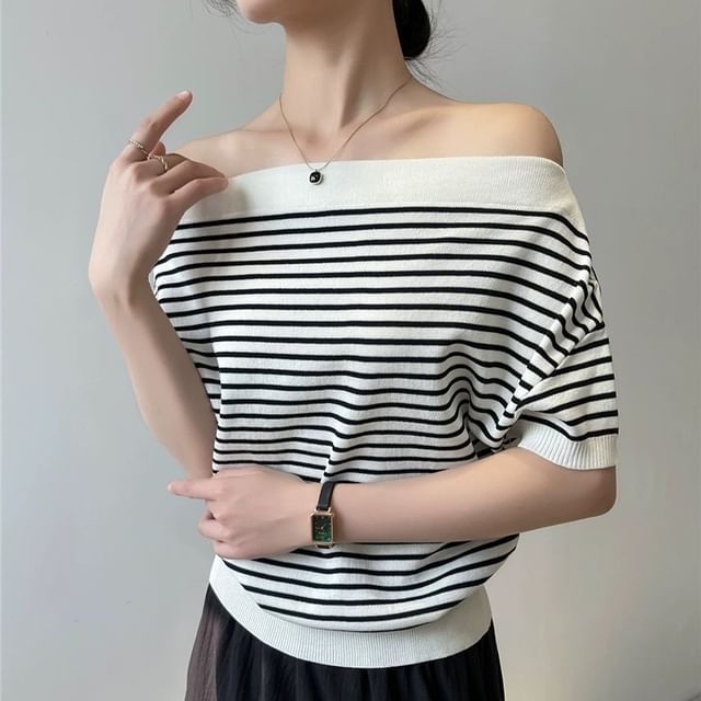One-Shoulder Striped Knit Tee