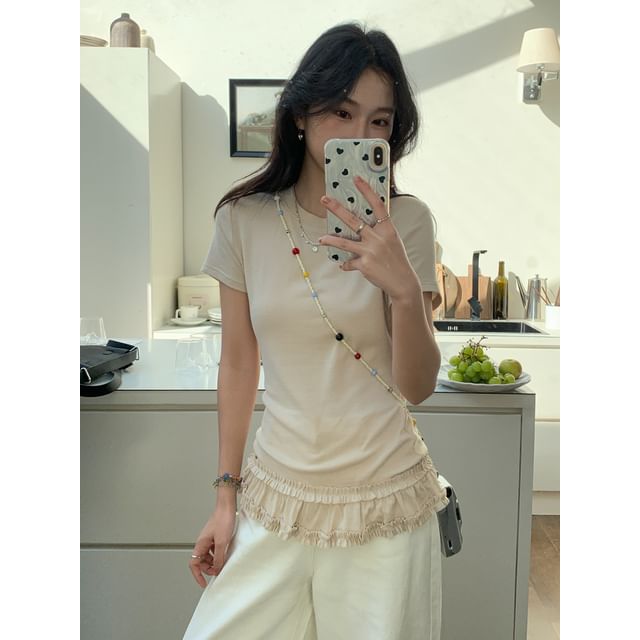 Round Neck Ruffled Hem Fitted Tee