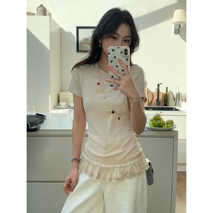 Round Neck Ruffled Hem Fitted Tee
