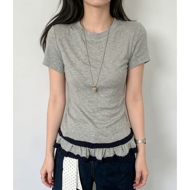 Round Neck Ruffled Hem Fitted Tee