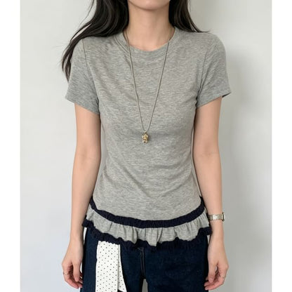 Round Neck Ruffled Hem Fitted Tee