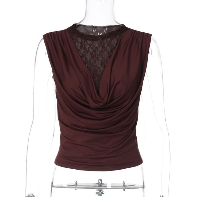Ruched Lace Trim Cowl Tank