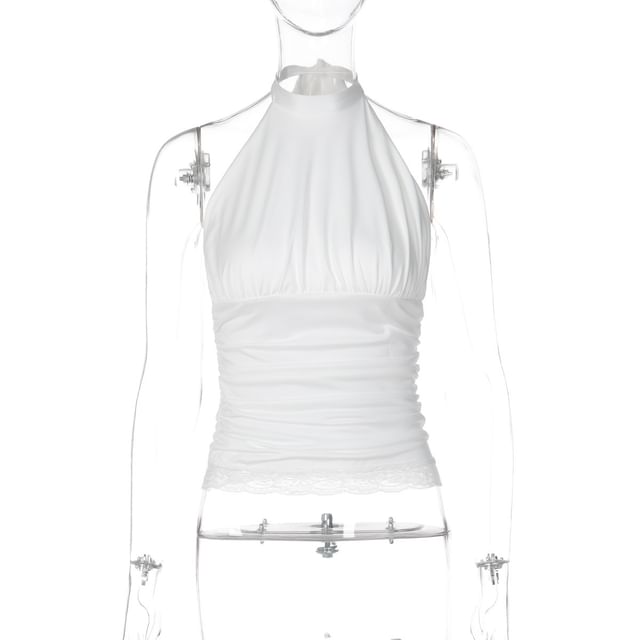 Ruched Halter Lace-Trim Crop Tank