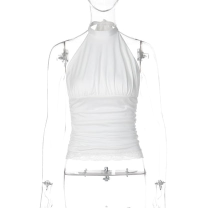 Ruched Halter Lace-Trim Crop Tank