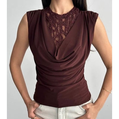 Ruched Lace Trim Cowl Tank