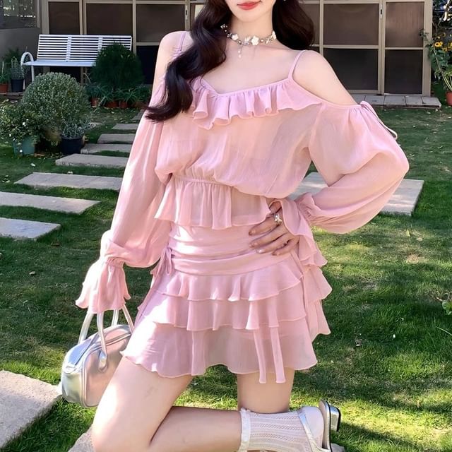 Ruffle Trim Sheer Blouse and Skirt Set