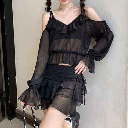 Ruffle Trim Sheer Blouse and Skirt Set