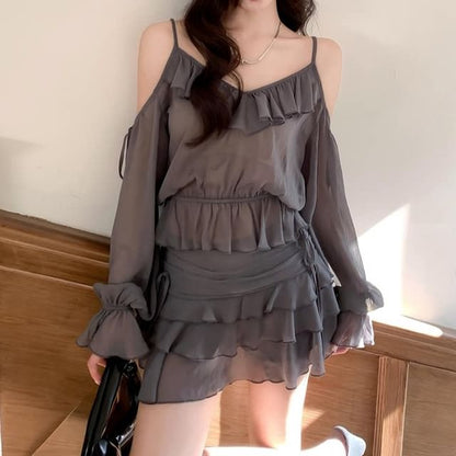 Ruffle Trim Sheer Blouse and Skirt Set