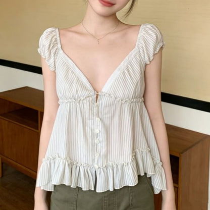 Puff Sleeve Ruffle Hem Blouse