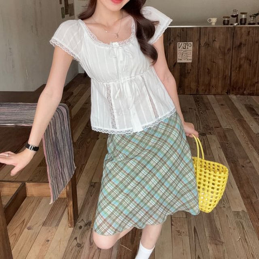 Lace Trim Crop Blouse with Plaid Skirt