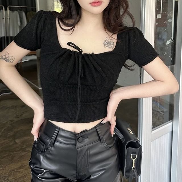 Square Neck Ruched Tie-Front Crop Top