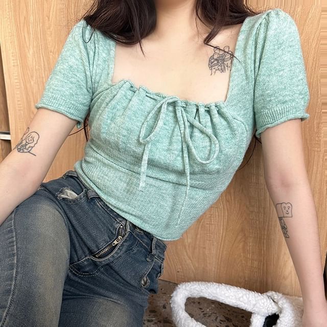 Square Neck Ruched Tie-Front Crop Top