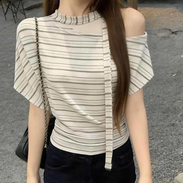 Off-Shoulder Striped Tee with Scarf Set