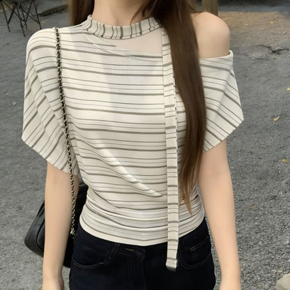Off-Shoulder Striped Tee with Scarf Set