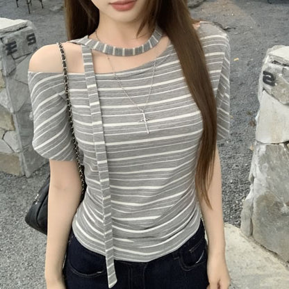 Off-Shoulder Striped Tee with Scarf Set