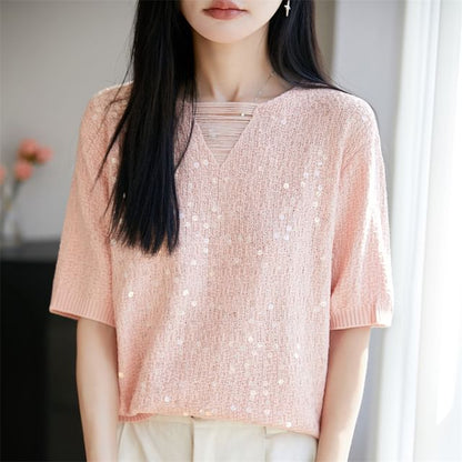 Sequin V-Neck Knit Top